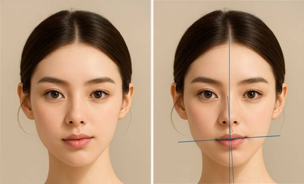 가장 흔히 볼 수 있는 형태의 비대칭은 턱 끝이 한쪽으로 쏠린 형태입니다.