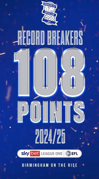 승점 108점을 달성한 버밍엄시티(버밍엄 SNS)