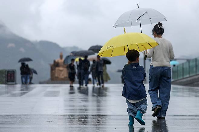 2024년 5월 5일 서울 종로구 광화문광장에서 우산을 쓴 가족 나들이객이 쏟아지는 빗속에 걸음을 옮기고 있다. /뉴스1