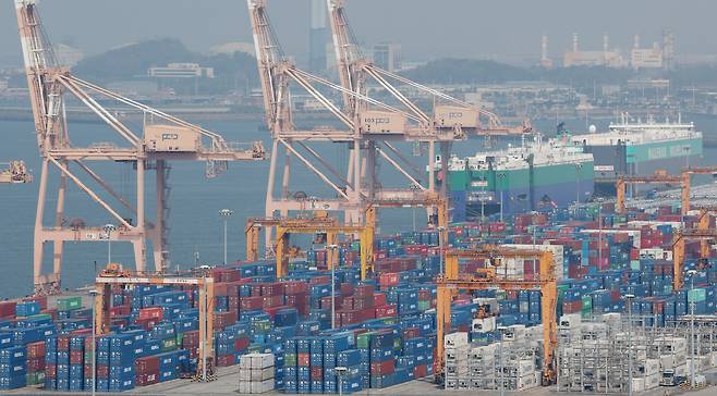 지난달 24일 경기 평택시 포승읍 평택항 수출 야적장에 컨테이너들이 쌓여있다. /뉴스1