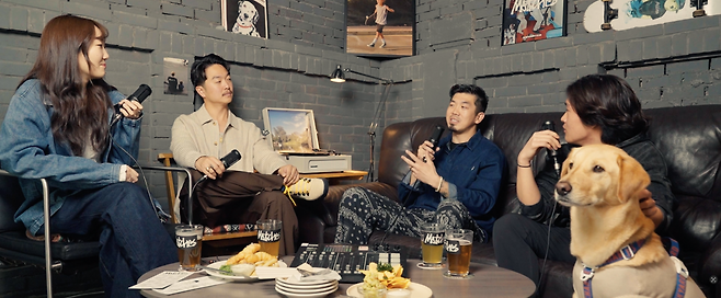 Tammy Park (left), Mike Song (second from left), Anthony Lee (second from right), Hugh Hong, and Bau the dog during a recording of The Korea Herald’s podcast Werkhours in Seoul on April 21.  (The Korea Herald)