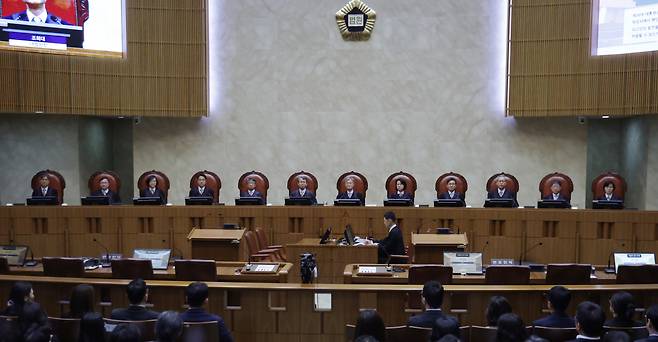Justices sit at the Supreme Court in Seocho District, southern Seoul, on May 1. [JOINT PRESS CORPS]