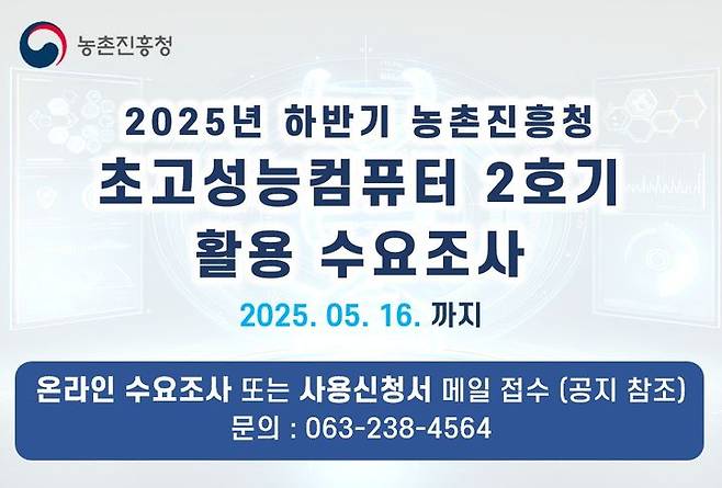 [세종=뉴시스] 농촌진흥청은 1일 국내 농업·생명·보건 분야 연구 활성화를 위해 '초고성능컴퓨터(NABIS·나비스) 2호기'의 2025년 하반기 공동 활용 수요조사에 착수했다고 밝혔다. (사진=농진청 제공) 2025.05.01. photo@newsis.com *재판매 및 DB 금지