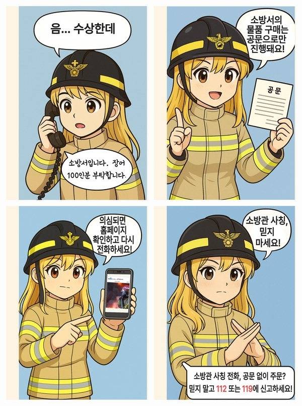 충북 증평소방서가 자체 제작한 소방관 사칭 주문 사기 예방 웹툰. 증평소방서 제공