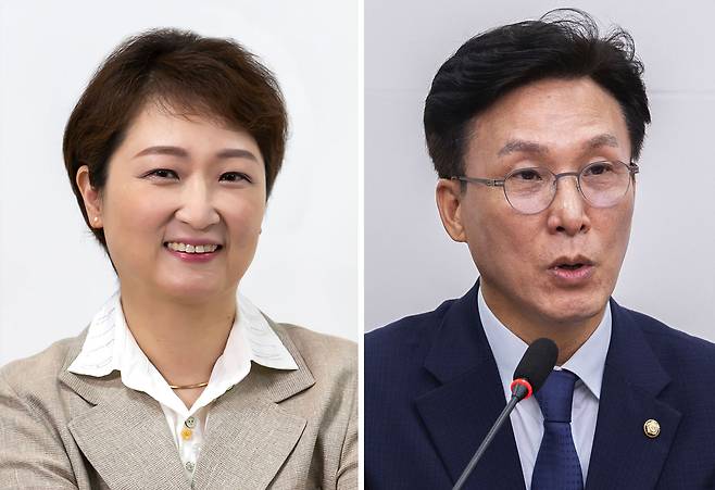 이언주 민주당 미래경제성장 전략위원회 위원장 (왼쪽)과 김민석 민주당 집권플랜본부 총괄본부장.