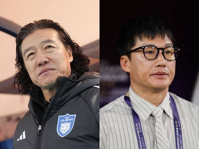 울산과 광주가 2일 오후 7시30분 울산문수경기장에서 열릴 ‘하나은행 K리그1 2025’ 11라운드에서 맞붙는다. 울산 김판곤 감독(왼쪽)과 광주 이정효 감독. 사진제공｜한국프로축구연맹