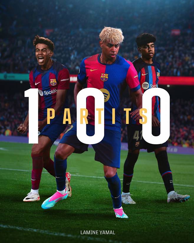 라민 야말의 FC바르셀로나 100번째 경기 포스터. /사진=FC바르셀로나 공식 사회관계망서비스(SNS)