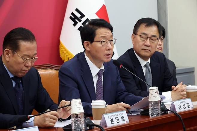 김상훈 국민의힘 정책위의장이 1일 서울 여의도 국회에서 열린 비상대책위원회의에서 발언하고 있다. 사진=박범준 기자