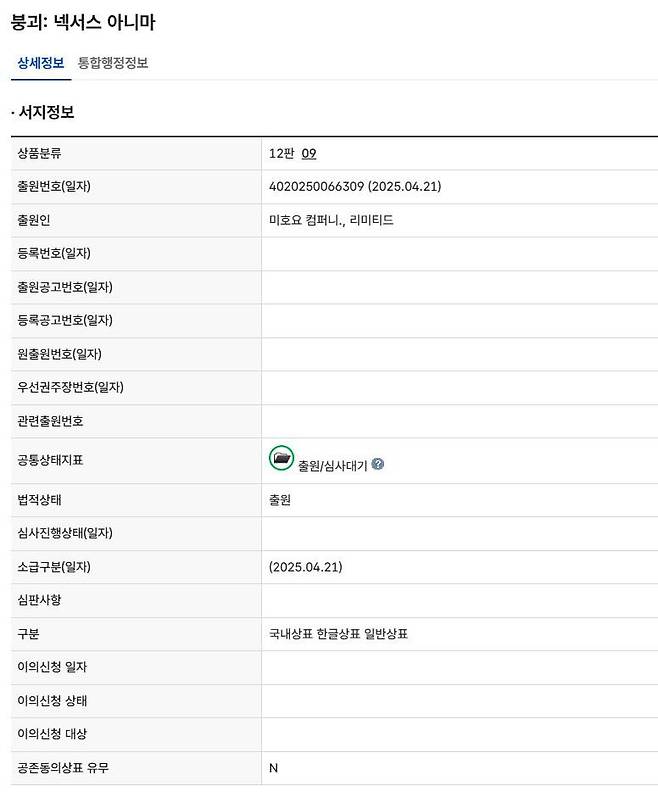 붕괴 넥서스 아니마 상표권 등록