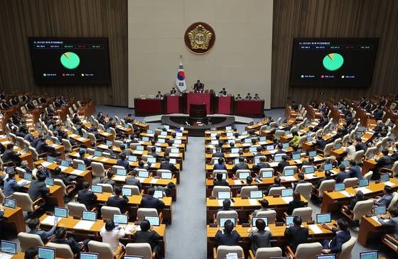 1일 국회에서 열린 본회의에서 2025년도 제1회 추가경정예산안이 통과되고 있다.연합뉴스