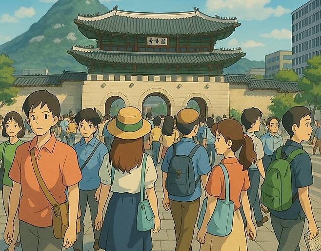 챗GPT가 '광화문을 걷는 사람들의 모습'을 지브리 스타일로 생성해낸 이미지.