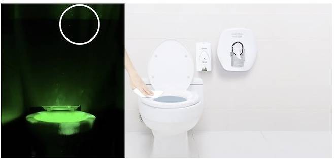 변기 물을 내린 뒤 비산물질이 확산되는 모습. [사진 제공=유한킴벌리]