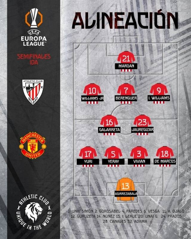 클루브는 골키퍼 아기레사발라를 시작으로 데 마르코스-비비안-알바레즈-베르치체-데 갈라레타-야우레기사르-이냐키-베렝게르-니코-산나디가 선발 출전했다. 사진=아틀레틱 클루브 SNS