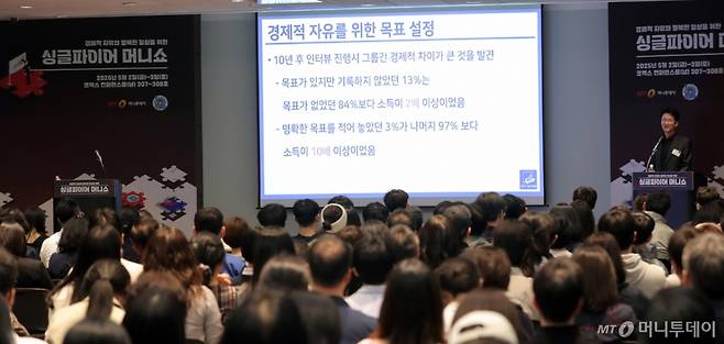 리치노마드가 2일 오후 서울 강남구 코엑스 컨퍼런스룸에서 머니투데이 주최로 진행된 '싱글파이어 머니쇼'에서 '배당주 투자로 놀아도 들어오는 월급 만들기'에 대해 강연을 하고 있다. /사진=김창현 기자 chmt@
