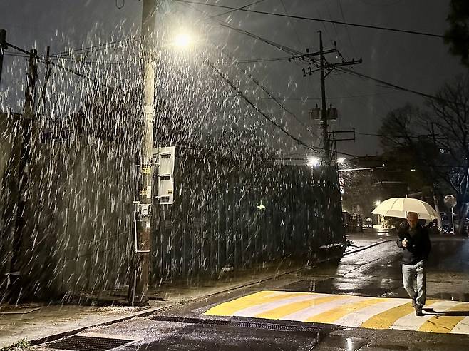 눈 내리는 지난 4월 12일 저녁 서울 종로구의 한 거리에서 한 시민이 우산을 쓴 채 길을 걷고 있다. [연합]