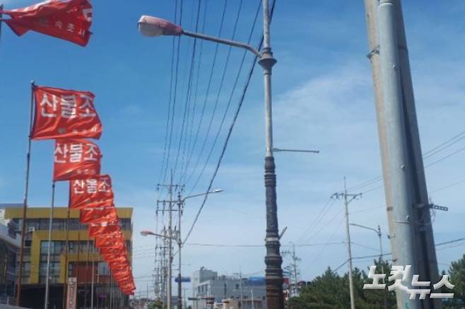 바람에 나부끼는 산불조심 깃발. 전영래 기자