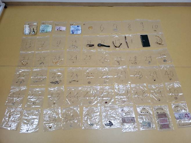 경찰이 상습절도 혐의를 받는 피의자로부터 압수한 현금과 귀금속 등. 서울 강남경찰서 제공