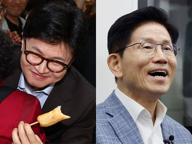 국민의힘 최종 대선 후보 선출 하루 전인 2일 부산 중구 부평동 부평깡통시장을 찾아 시민과 포옹하는 한동훈 후보(왼쪽)와 서울 강남구 수서역에서 청년들과 GTX-A를 탑승한&nbsp;김문수 후보. ⓒ연합뉴스