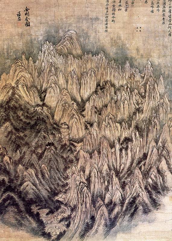 겸재 정선의 '금강전도'. 내금강의 실경을 수묵담채로 그렸으며 크기는 가로 94.5㎝, 세로 130.8㎝다. 눈덮인 봉우리들은 위에서 아래로 내려긋는 수직준법을 이용하여 거칠고 날카로운 모습으로 표현하였고, 위쪽에는 비로봉이 우뚝 솟아 있으며 화면 중심으로는 만폭동 계곡이 위에서 아래로 가로지르고 있다. /호암미술관