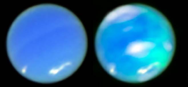 해왕성의 모습(왼쪽)과 해왕성의 오로라(오른쪽). NASA 제공