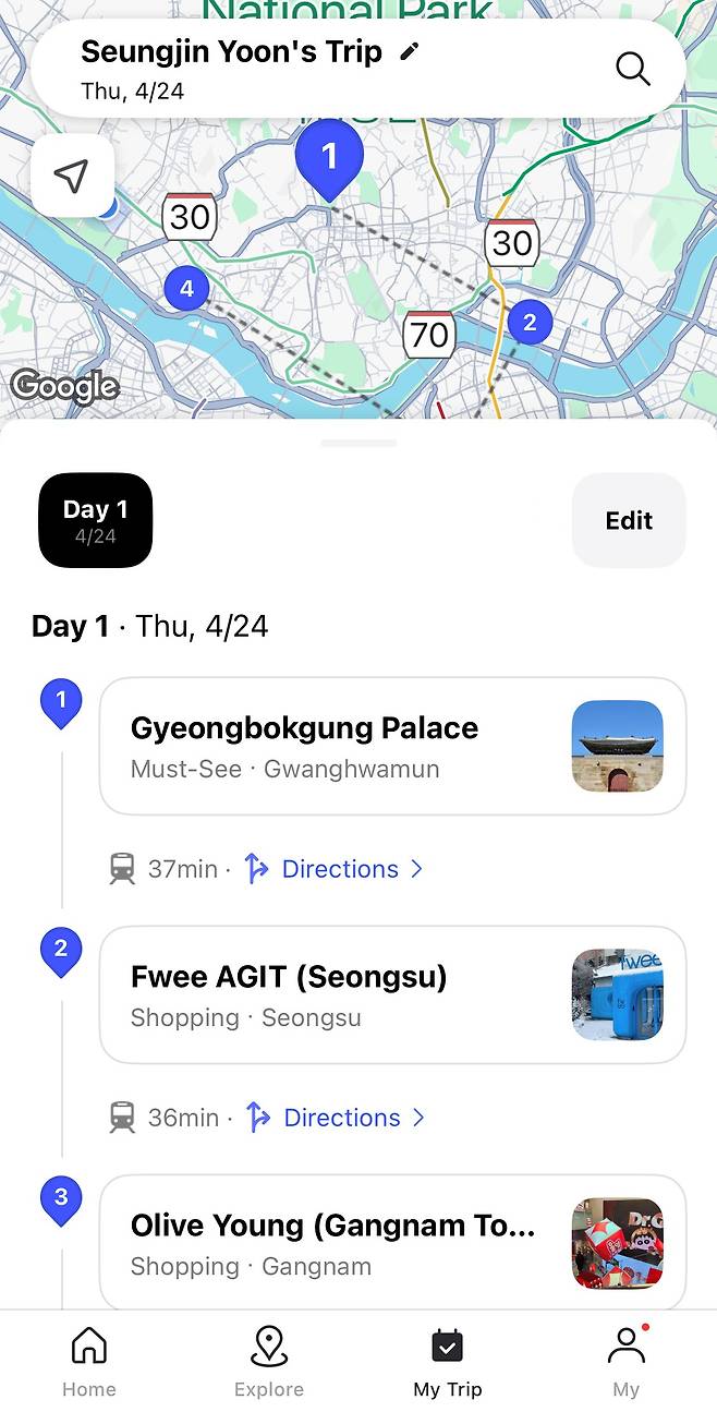 An itinery made by Interpark Global's AI-driven system based on the user's preference [SCREEN CAPTURE]