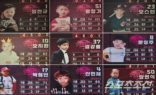 3일 잠실구장에서 열린 KBO리그 LG와 SSG의 경기. 어린이날을 앞두고 전광판을 통해 공개된 LG 선수들 어린 시절 모습. 잠실=송정헌 기자songs@sportschosun.com/2025.05.03/