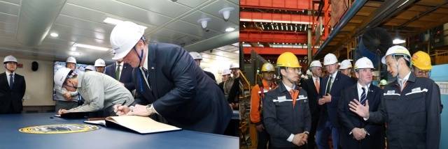 (왼쪽 사진부터)필린 장관이 HD현대중공업 최신예 이지스 구축함 '정조대왕함'에 승선해 방명록에 서명하고 있는 모습·김동관 한화그룹 부회장(오른쪽 첫 번째)이 필린 장관(오른쪽 두 번째)에게 선박 블록 조립공장을 소개하는 모습. /각 HD현대·한화
