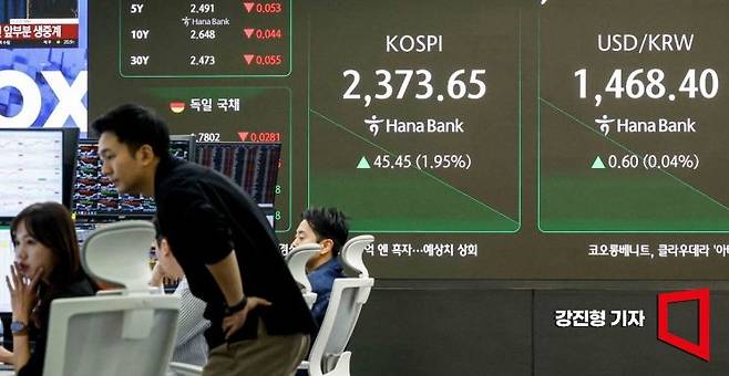 코스피 지수가 전날의 급락을 딛고 장 초반 2%에 가까운 반등세를 보인 8일 서울 중구 하나은행 딜링룸에서 딜러들이 업무를 보고 있다. 2025.4.8. 강진형 기자