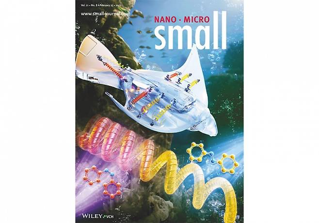 한국화학연구원(화학연)은 김현 화학소재연구본부 선임연구원과 이하범 부산대 교수, 텔일러 에이치 웨어 미국 텍사스 에이 앤 엠대 교수 공동 연구팀은 빛으로 움직이는 결정성 액정 탄성체 기반의 수중 로봇용 인공 근육을 개발했다고 2일 밝혔다. 연구논문은 지난 2월 국제학술지 '스몰'에 후면 표지 논문으로 선정돼 게재됐다. 스몰 제공