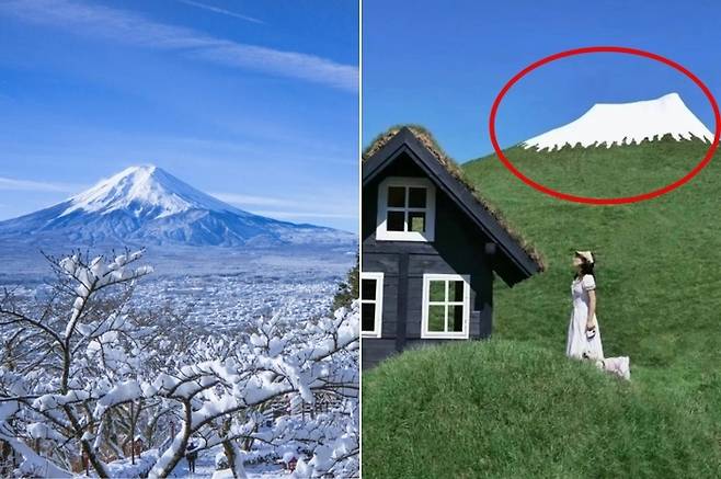 일본 후지산과 중국의 한 업체가 모방한 가짜 후지산. 사진=japanspecialist/SCMP 캡처