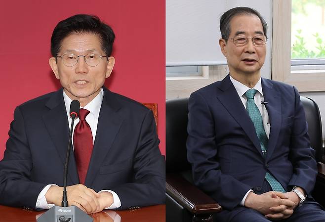 국민의힘 김문수 대선 후보(왼쪽)와 무소속 한덕수 예비후보. 연합뉴스