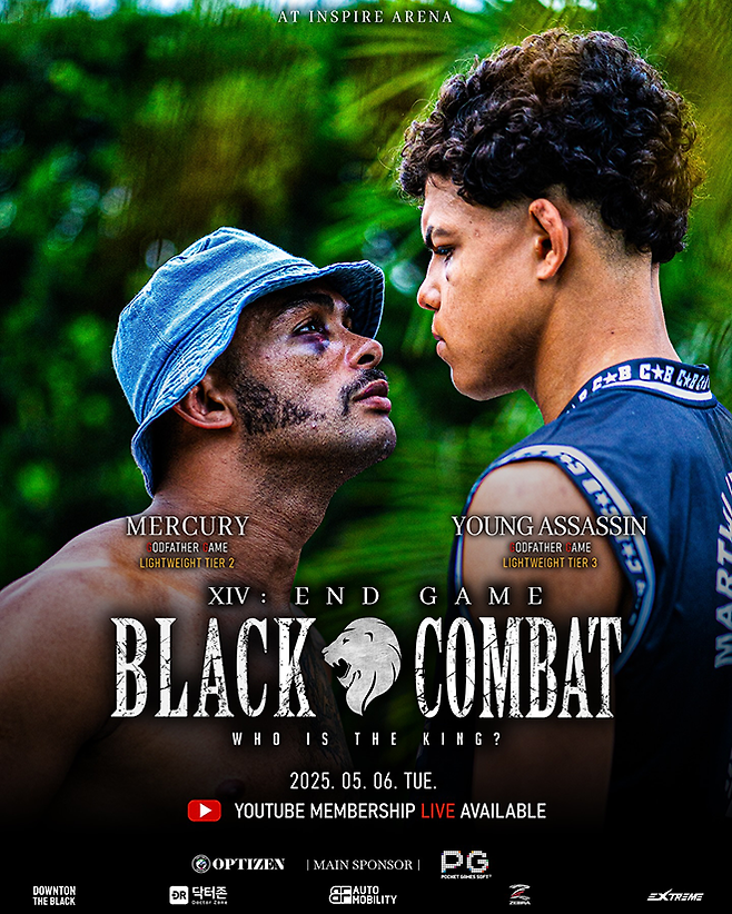 카자흐스탄 나이자 FC 플라이급 타이틀 도전자 ‘머큐리’ 플라비우 산투스가 2025년 5월 인천광역시 영종국제도시 인스파이어 아레나 블랙컴뱃 14 라이트급 경기를 뛴다. 오른쪽은 ‘영어쌔신’ 니콜라스 산투스. 사진=이데아 파라곤