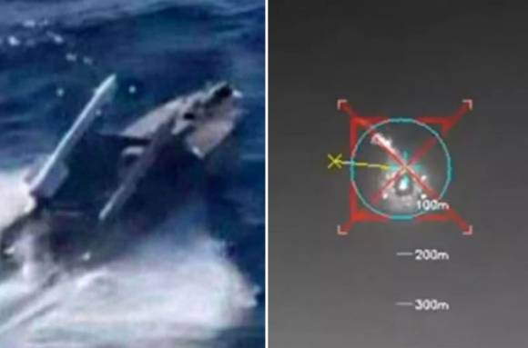 우크라이나 무인수상정(USV)인 마구라(왼쪽)가 미사일을 발사해 러시아의  Su-30 전투기를 격추했다. 출처=GUR 텔레그램