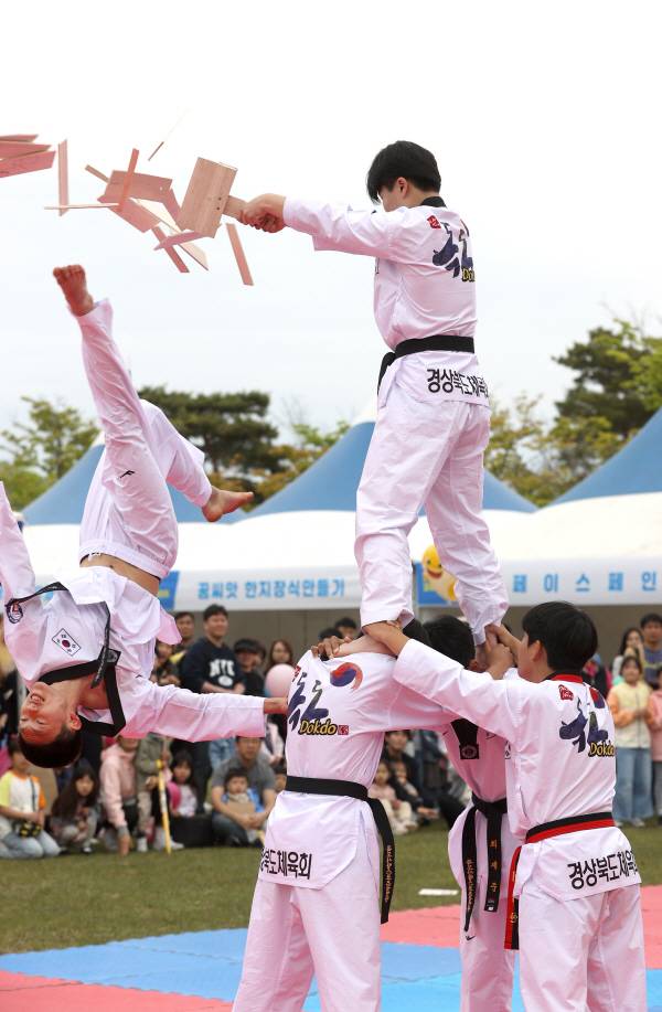 '2025 경상북도 어린이날 큰잔치'가 5일 오전 경북도청 새마을 광장에서 펼쳐진 가운데 태권도 공연이 진행되고 있다. 정훈진 기자 jhj131@kyongbuk.com