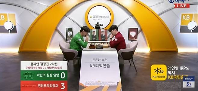 영림프라임창호 2지명 박민규 9단(오른쪽)과 마한의 심장 영암 3지명 박영훈 9단이 대결이 끝난 후 복기를 하고 있다.(사진 바둑TV 캡처)