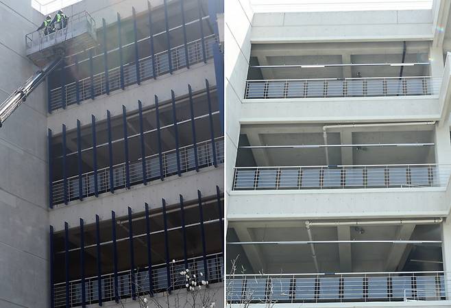 외장 마감재 루버가 철거된 창원 NC파크의 모습