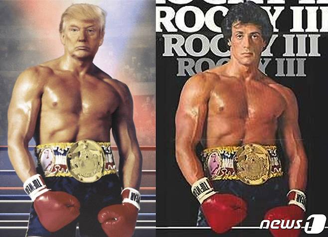 도널드 트럼프 미국 대통령이 2019년 11월 27일(현지시간) 엑스(옛 트위터)에 게재한 영화 '록키'의 주연배우 실베스터 스탤론의 근육질 몸에 자신의 얼굴을 합성한 사진(왼쪽). (트럼프 트위터) 2019.11.28/뉴스1 ⓒ News1 이동원 기자