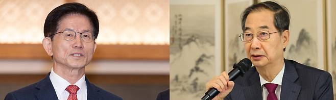 김문수 국민의힘 대선후보(왼쪽)와 한덕수 무소속 예비후보. /뉴스1