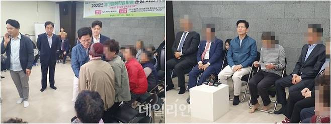 김문수 국민의힘 대선 후보가 4일 오후 경기도 포천시에 위치한 장자마을을 찾아 주민들과 인사를 나누는 모습(왼쪽)과 주민이 준비한 편지 낭독을 들으며 울음을 참는 모습(오른쪽) ⓒ데일리안 김민석 기자