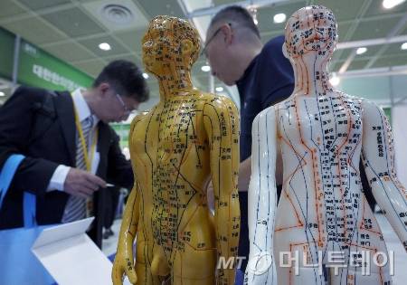 서울 강남구 삼성동 코엑스에서 열린 ‘한의학 및 통합의약 국제산업박람회’를 찾은 한의사 및 관람객 등이 (주)내일약품 부스에서 전시 제품에 대한 설명을 듣고 있다./사진=(서울=뉴스1) 박정호 기자