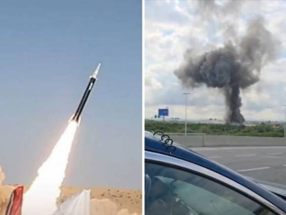 예멘 내 친이란 후티 반군의 팔레스타인-2 극초음속 탄도미사일(왼쪽)과 이 미사일에 타격당한 이스라엘 중심도시 텔아비브의 벤구리온 국제공항. 출처=아미 레커그니션, 소셜미디어