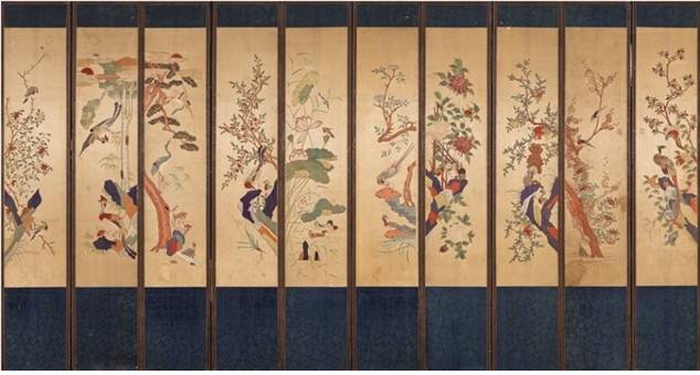 자수 화조 10폭 병풍 [한국고미술협회 제공. 재판매 및 DB 금지]