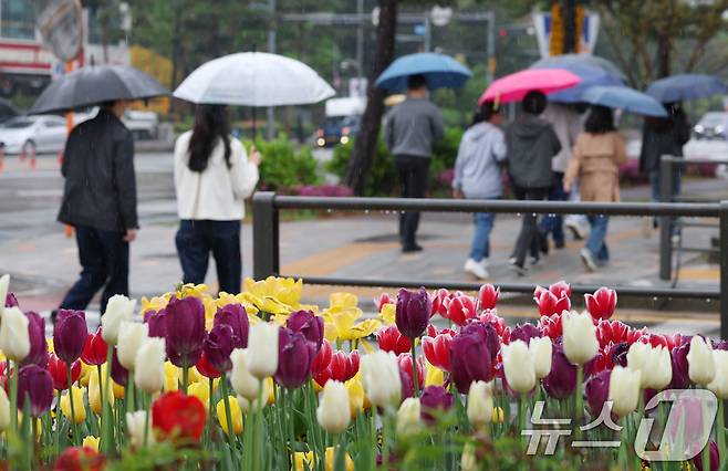 봄비가 내린 22일 오후 경기 수원시의 한 거리에서 시민들이 우산을 쓰고 지나가고 있다. 2025.4.22/뉴스1 ⓒ News1 김영운 기자