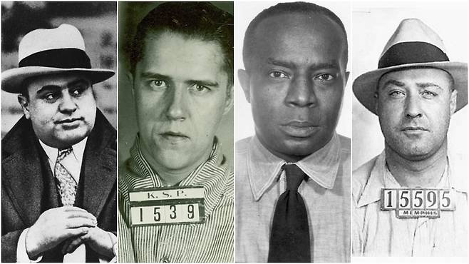 미국 샌프란시스코 앨커트래즈 교도소를 거쳐간 수감자들. 전설적 마피아 두목 알 카포네(왼쪽부터), 별명 ‘기관총 켈리’로 유명한 조지 켈리, ‘할렘의 대부’ 엘즈워스 존슨, ‘공공의 적’ 제1호 앨빈 카피스 등 악명 높은 범죄자들이 수감됐다./위키피디아