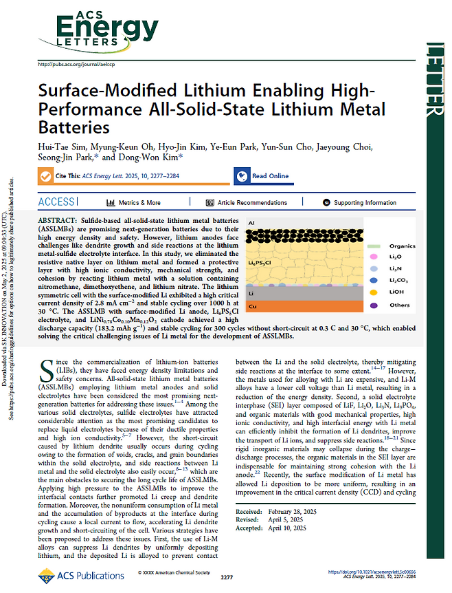 SK온과 한양대학교의 ‘황화물계 리튬 메탈 음극 보호막 적용 연구 결과’가 담긴 국제 학술지 ‘ACS 에너지 레터스(ACS Energy Letters)’의 논문. ⓒSK온