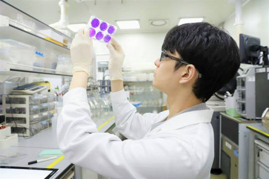 SK바이오사이언스 연구원이 조류독감 백신 후보물질에 대한 분석 실험 중이다. SK바이오사이언스 제공.