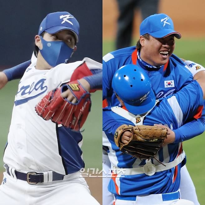 2021년 도쿄 올림픽 전 훈련 중인 원태인과 2008 베이징 올림픽 금메달리스트 류현진. IS 포토