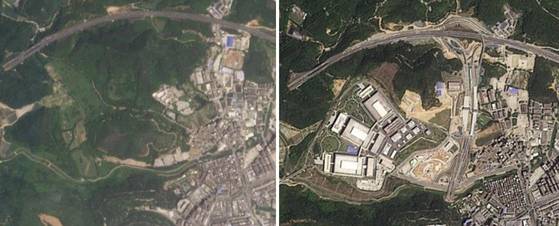 파이낸셜타임스(FT)는 중국 선전시의 2022년 4월(왼쪽)과 올해 4월(오른쪽) 위성사진을 비교하며, 새로 생긴 첨단 반도체 시설 3곳의 운영사가 화웨이라고 보도했다. [사진 FT 홈페이지 캡처]