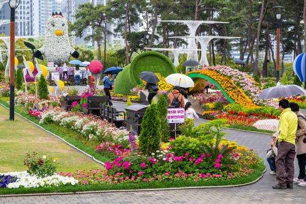 간간이 비가 내린 6일 부산 부산진구 부산시민공원 다솜광장 일원에서 제5회 부산 봄꽃 전시회가 열리고 있다. 이원준 기자 windstorm@kookje.co.kr