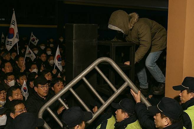 오픈 AI의 챗GPT로 올해 1월 벌어진 서부지법 사태 당시 시위대의 모습을 생성한 이미지. [박혜림 기자]